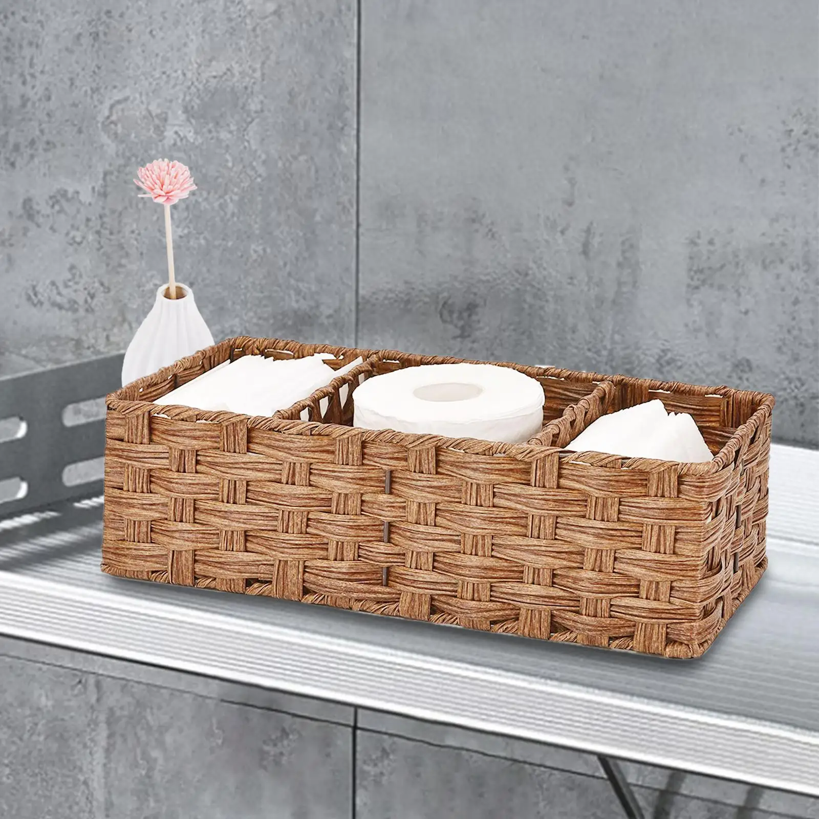 Rattan Storage Basket Container Decorations Organizer 3 Grids for Countertop