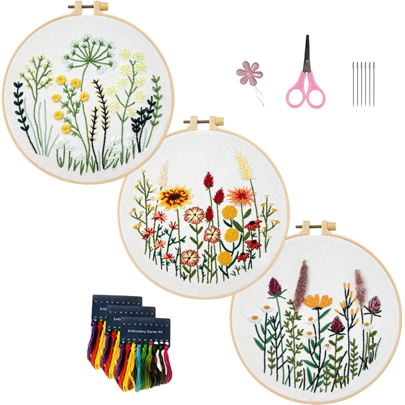 3x Beginner Embroidery Set Scissors Embroidery Hoops Home Decor Flowers Pattern for DIY Projects Hobbyists Handcraft Enthusiast