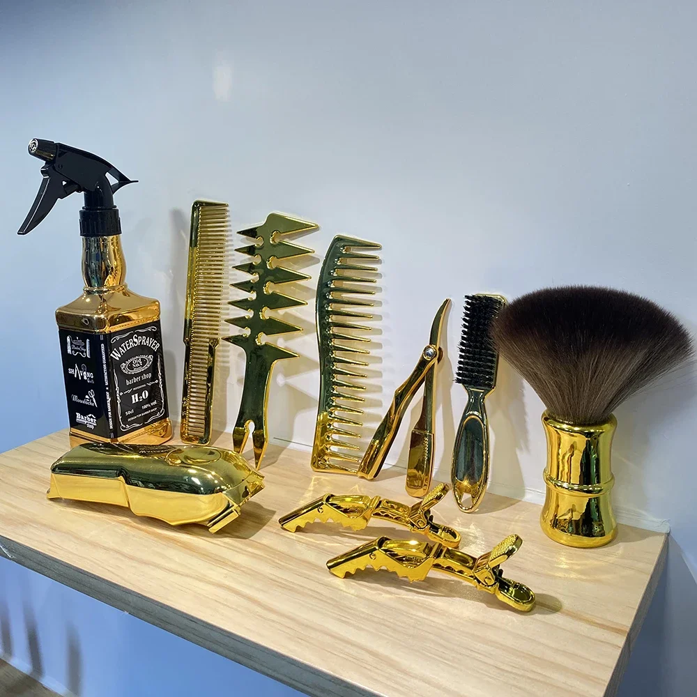 Best of Barber Gold Silver Set Includes Water Spray Men Oil Head Comb Clipper Comb Neck Brush Duster Fade Brush Hair Clips Clipper Cover Reviews & Tips