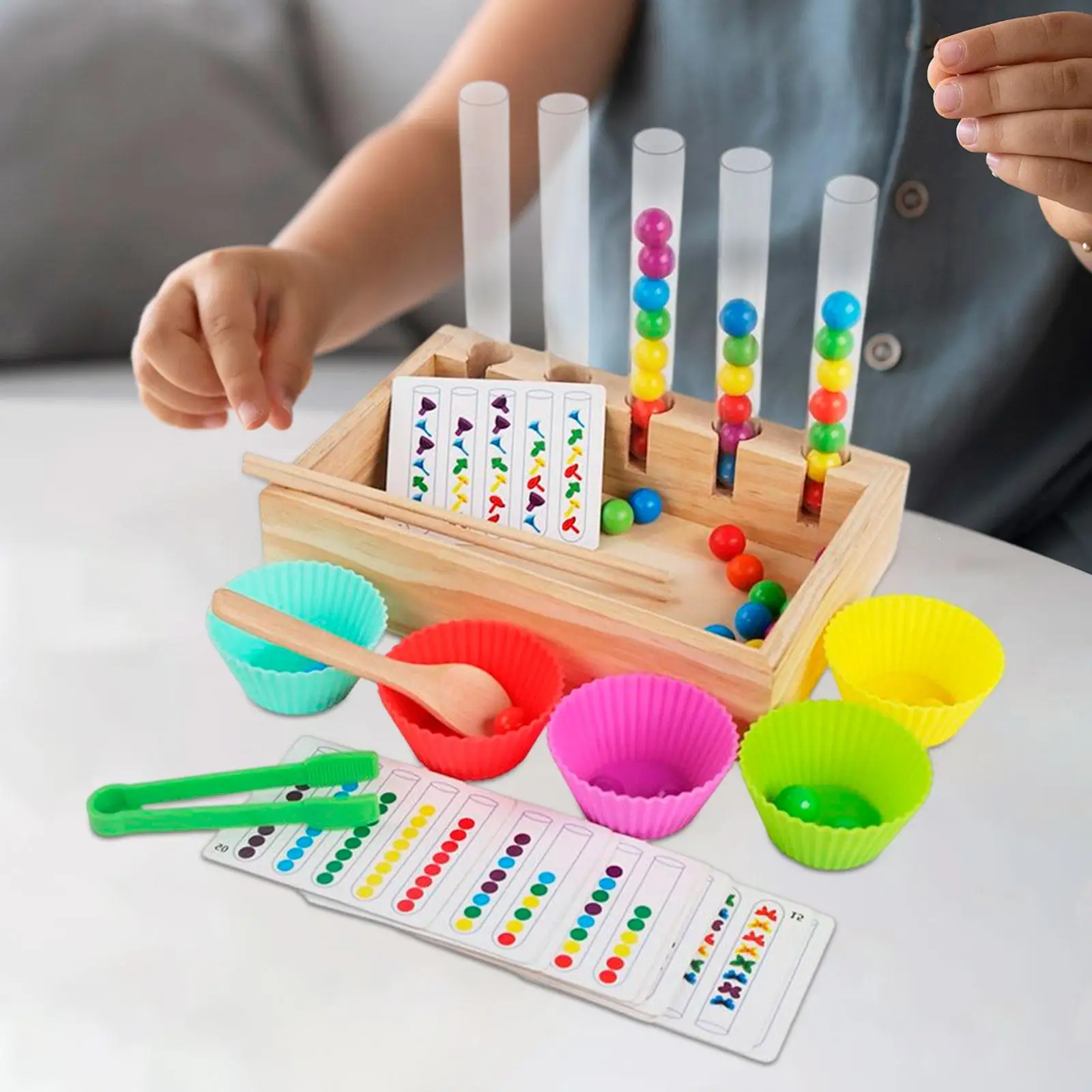 Rainbow Clip Bead Puzzle and Bowl Spoon Preschool Learning Toy Wooden Peg Board Game for Girls and Boys Toddler Kids Children