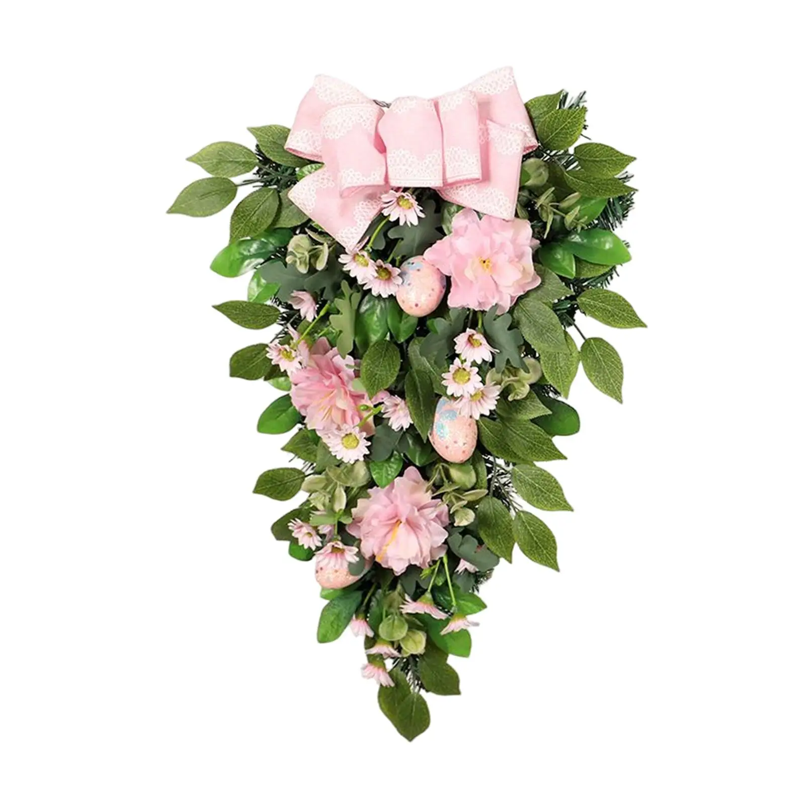 Decorative Easter Teardrop Wreath with Bowknot Wall Hanging Pink Flowers Garland Ornaments Swag for Festival Backdrop