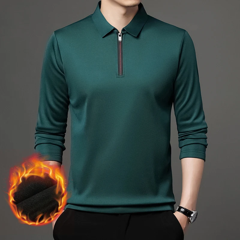 S2c1903e849004e5794f4f81d15592e1du New T Shirt Zipper Polo Shirt Male Fashion Turn-Down Collar Long Sleeve Business Men Clothes