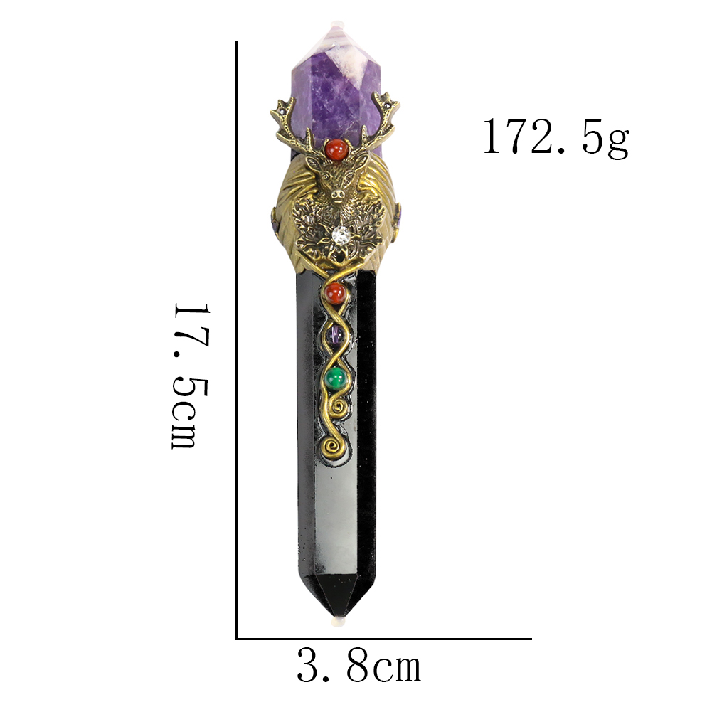 Natürlicher Obsidian-Amethyst-Pentagramm-Zauberstab, handgefertigt, magischer Zepter, glänzende Säule, Briefbeschwerer, Ornament, Film, Cosplay, Heilung – Detail 6