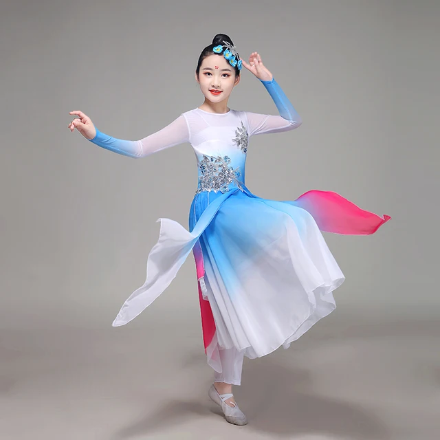 Girls Yangko Dance Costume Oriental Dress Kids Umbrella Dance