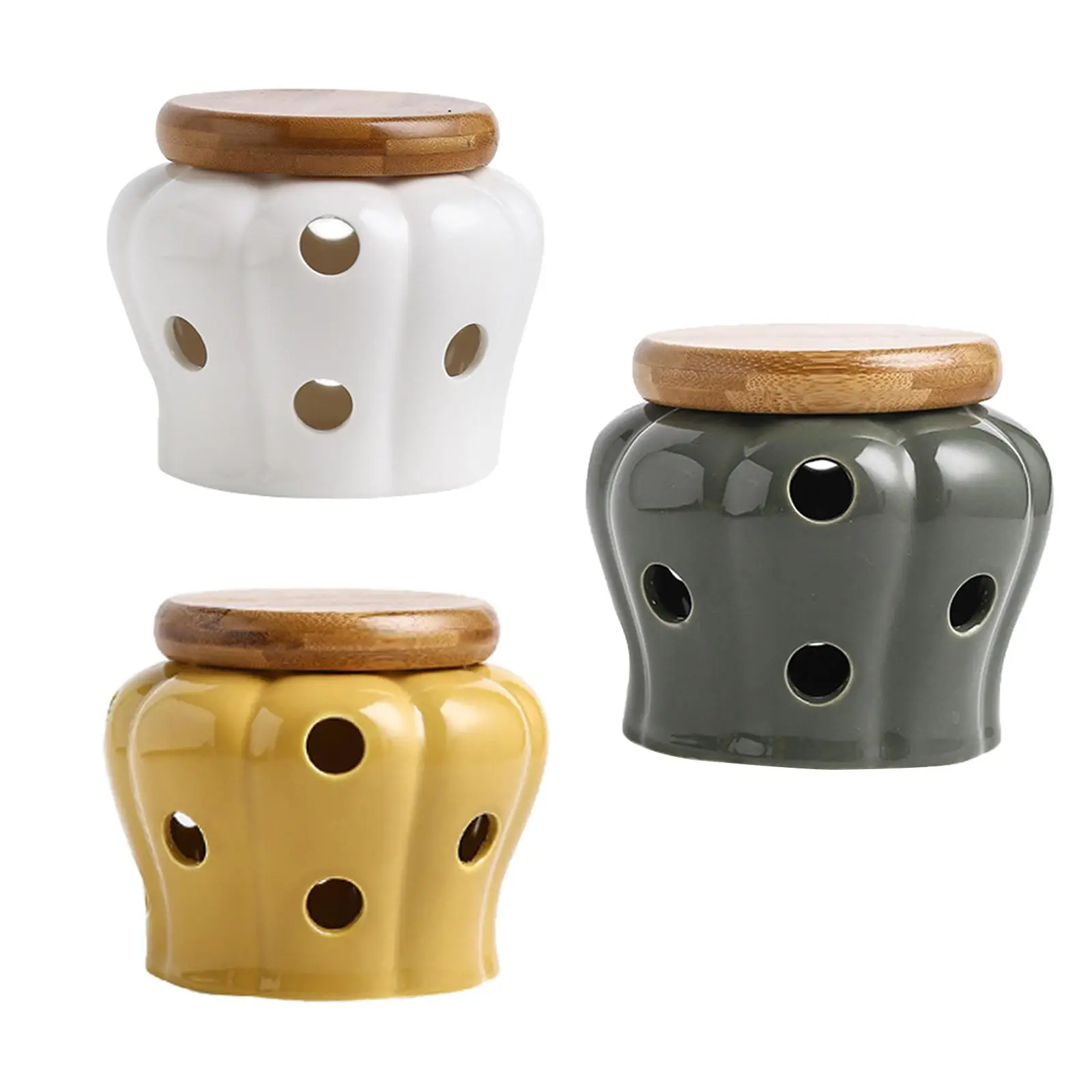 Japanese Style Ceramic Garlic Keeper with Lid Vented Hollow Pumpkin Shape Round Garlic Cellar Pot Storage Container Collection