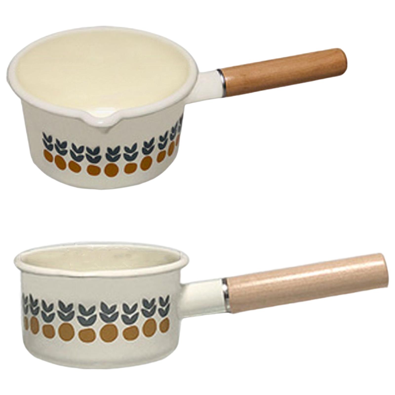 Enamel Milk Pot with Pour Spout Cooking Saucepan with Wooden Handle Butter Warmer for Soup Milk Heating Instant Noodle Gas Stove