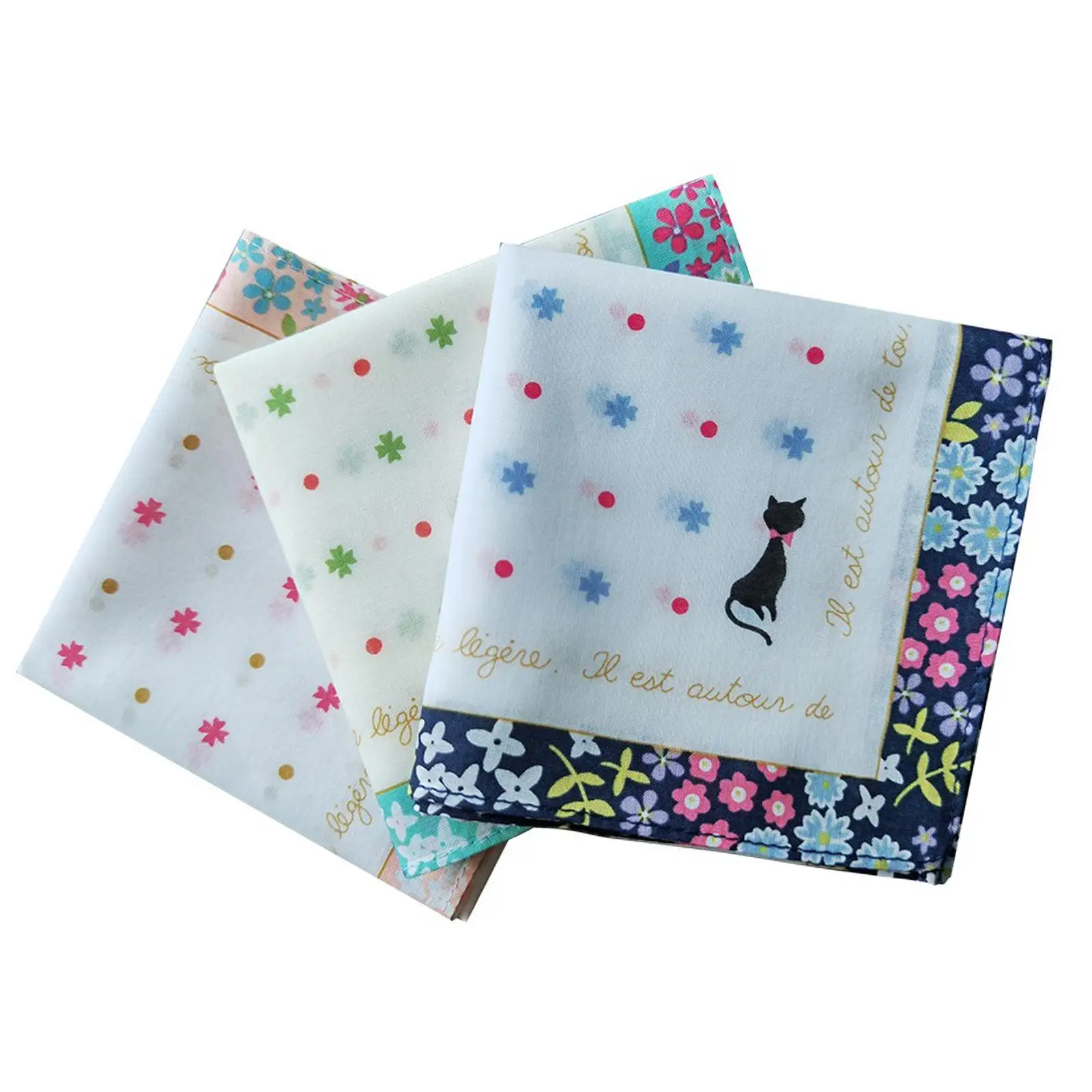 3x Women Cotton Handkerchiefs Square Pocket Ladies Hankies Gift Towel Kerchief Bandanas 34cm for Party Prom Wedding Girls Bridal