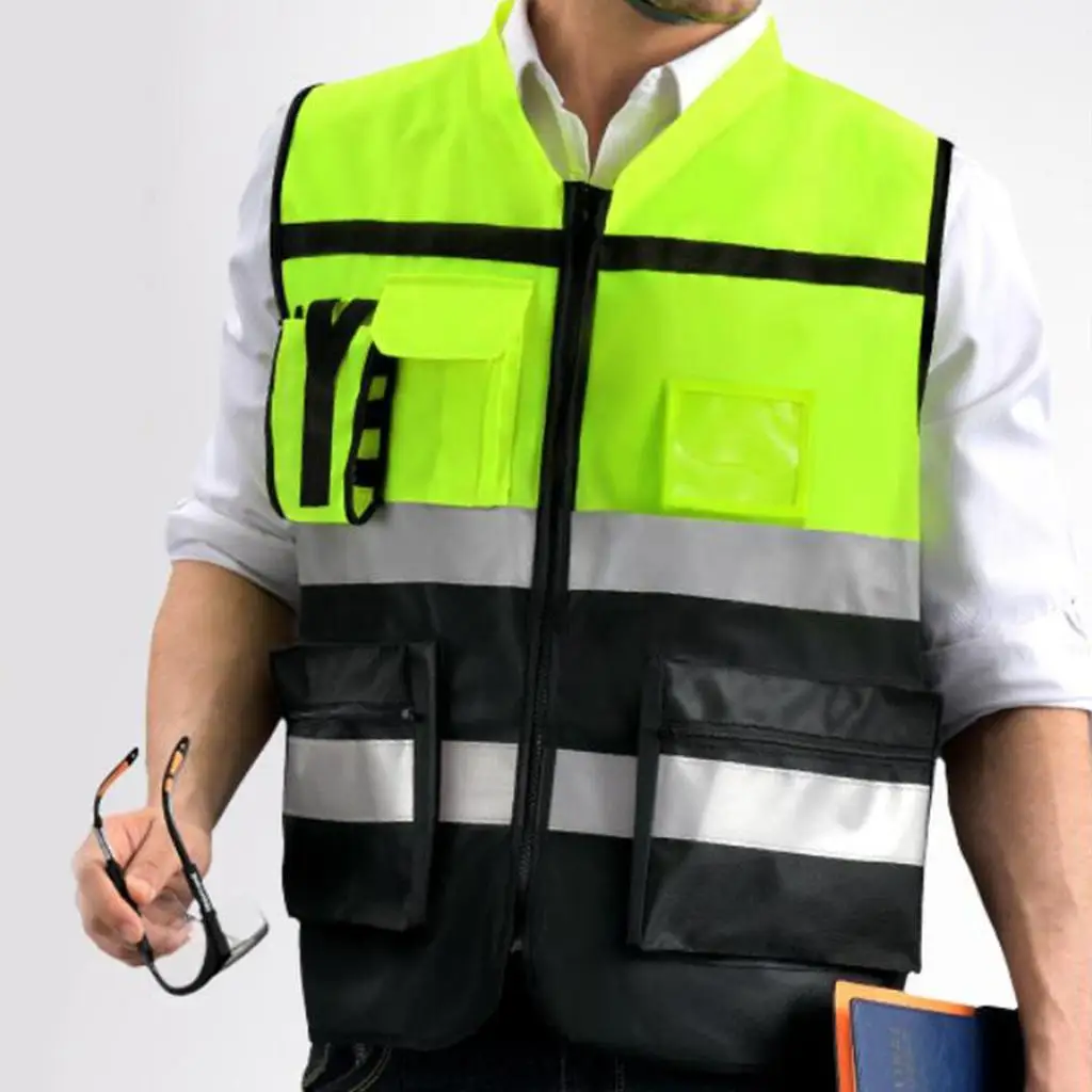 Multi Pockets High Visibility Zipper Front Safety Vest With Reflective Strips, Premium Style-F