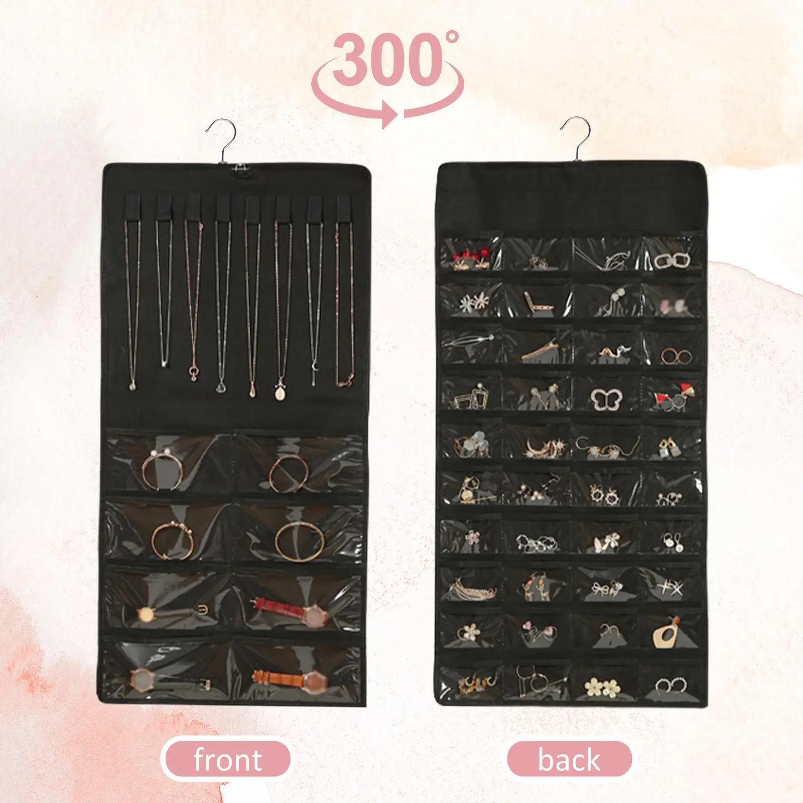Hanging Jewelry Organizer Storage Roll with 48 Pockets Waterproof Earrings Hanger for Showcase Selling Store Rings Dresser