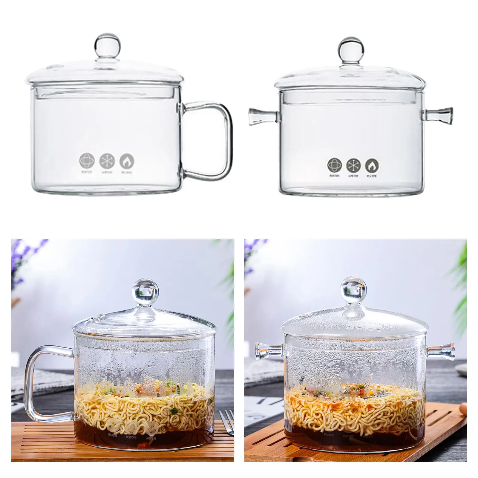Transparent Glass Bowl with Lid and Handle Heat-Resistant Instant Noodle Pot Salad Bowl Mini Stew Pot