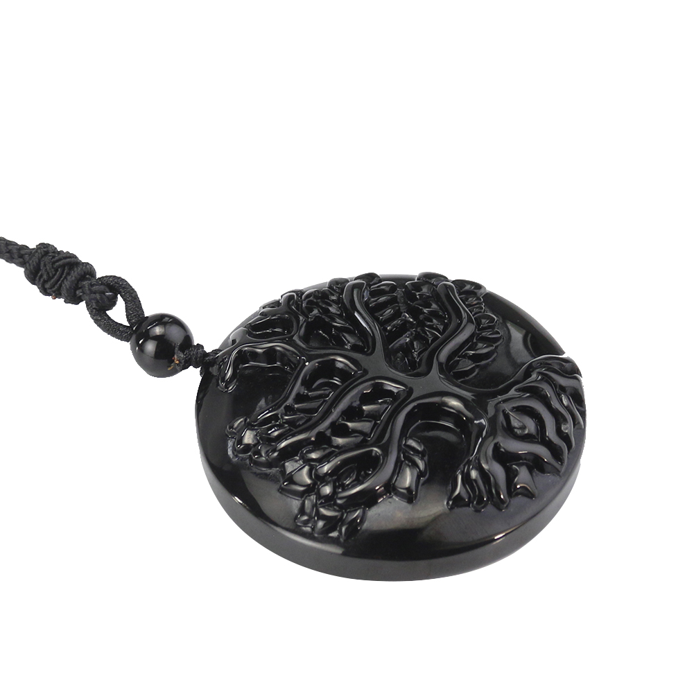 Natürliche Obsidian Laser Carving Baum des Lebens Anhänger Halskette für Männer Frauen Glück Amulett Pullover Kette Meditation Schmuck Geschenke – Detail 5