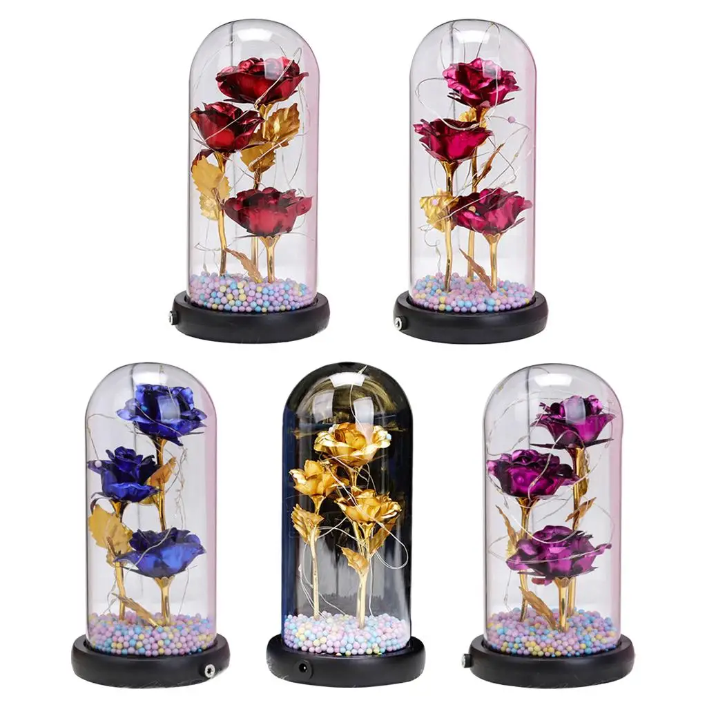 Valentines Day LED Eternal Rose Flower with Fairy String Lights Artificial Foil Flowers in Glass Bottle for Mothers Day Birthday