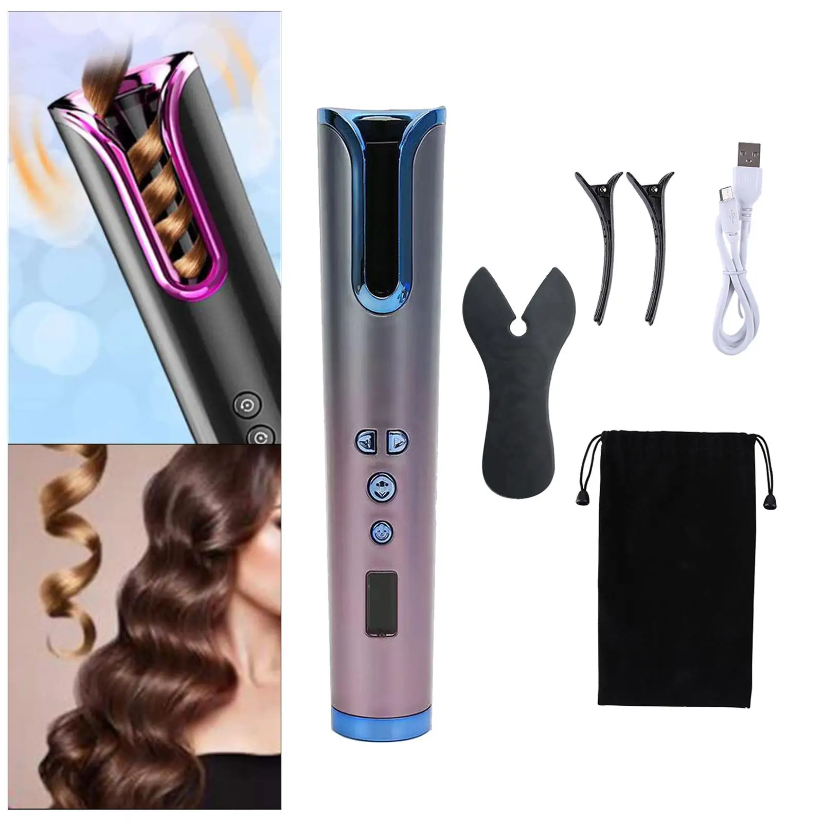 Cordless Hair Curler USB Rechargeable Automatic Curling Iron,LCD screen Display