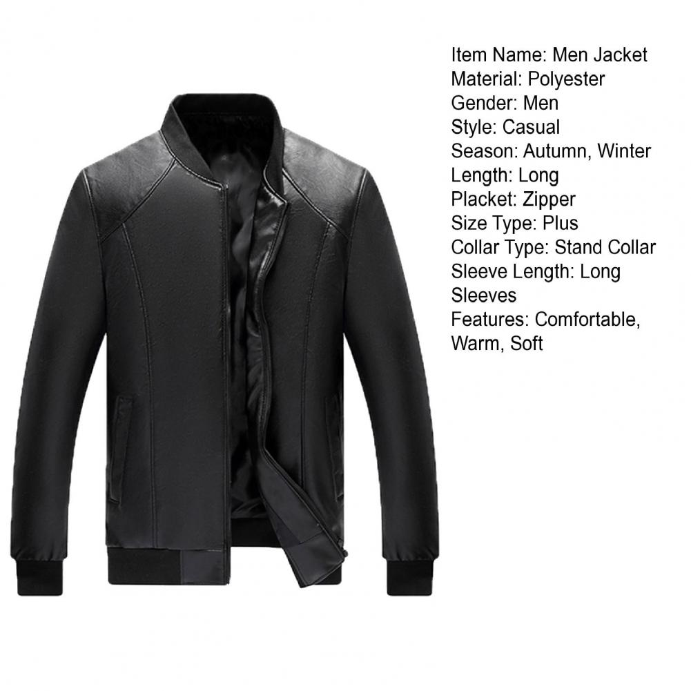 Description Picture 3 of itemWarm Winter Jacket Stylish Men's Faux Leather Jacket Warm Stand Collar Zipper Pockets Regular Fit for Autumn Winter Soft Warm