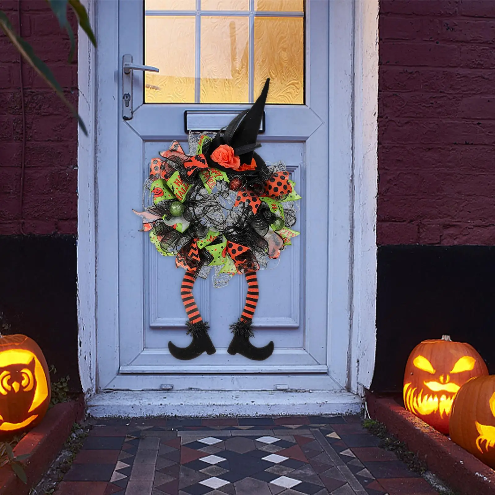 Garland Hanger Mesh Decor with Witch Hat and Legs Halloween Wreath for Front Door for Halloween Window Porch Indoor Outdoor Home