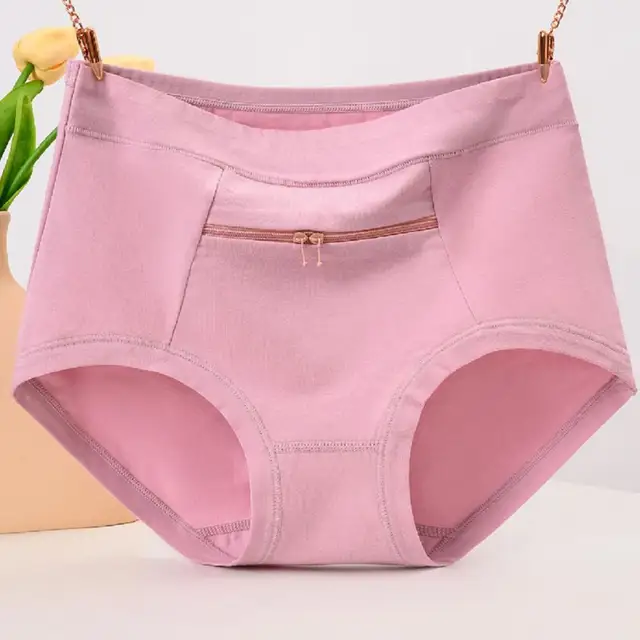 Women Underwear Anti-theft Zipper Pocket High Waist Stretch Breathable  Cotton Middle-aged Mom Grandma Brief Panties Underpants