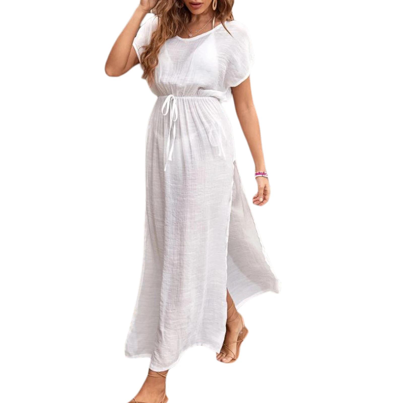 bathing suit skirt cover up Women Clothing Cover Up Dress Solid Color Short Sleeve Round Neck Slit Drawstring Waist Sheer Dress Beach Bikini Smock shein bathing suit cover ups
