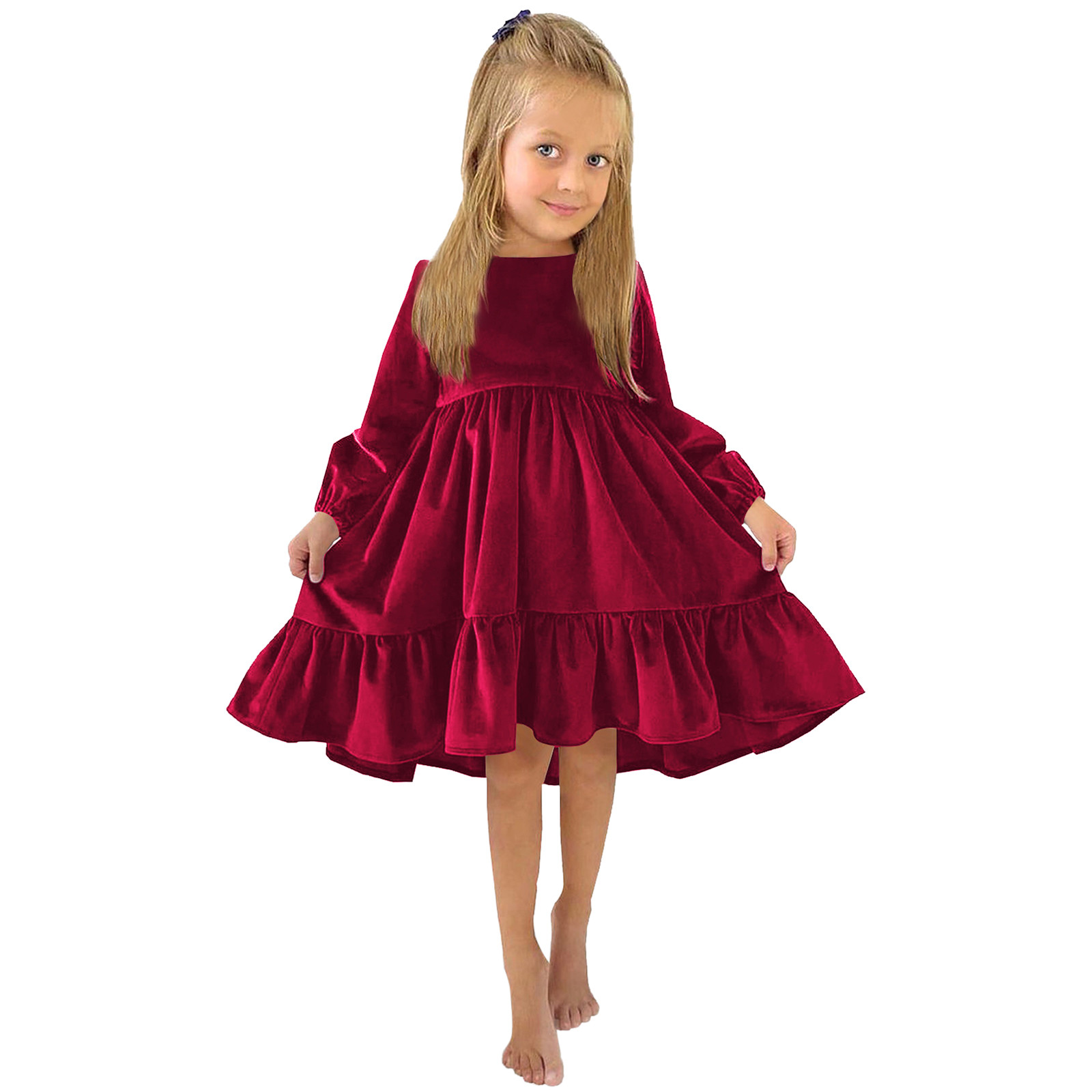 Girl Ruffle Dress Kids Little Party Vestido Autumn Winter Long Sleeve Solid Irregular Princess Ruffle Casual Party Dresses