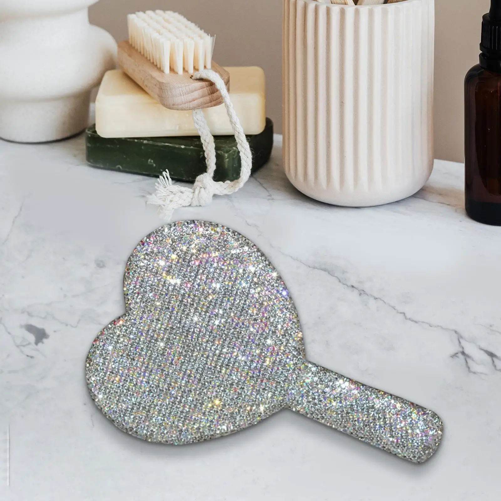 Small Handheld Makeup Mirror Vanity Mirror with Handle Cosmetic Mirror Decorative Rhinestone Heart-Shaped for Women Girls Gift