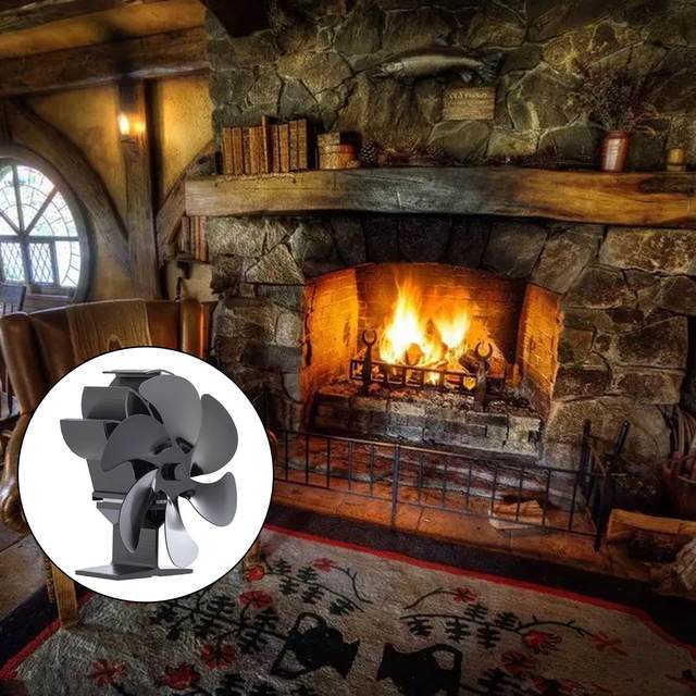 4 Blade Heat Powered Stove Fan Black Fireplace komine Log Wood