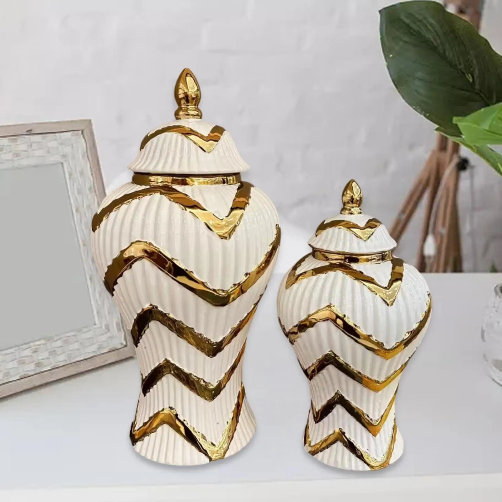 Ceramic Ginger Jar Flower Vase with Geometric Lines Temple Jar Versatile Table Floral Arrangement Living Room Decor Handmade