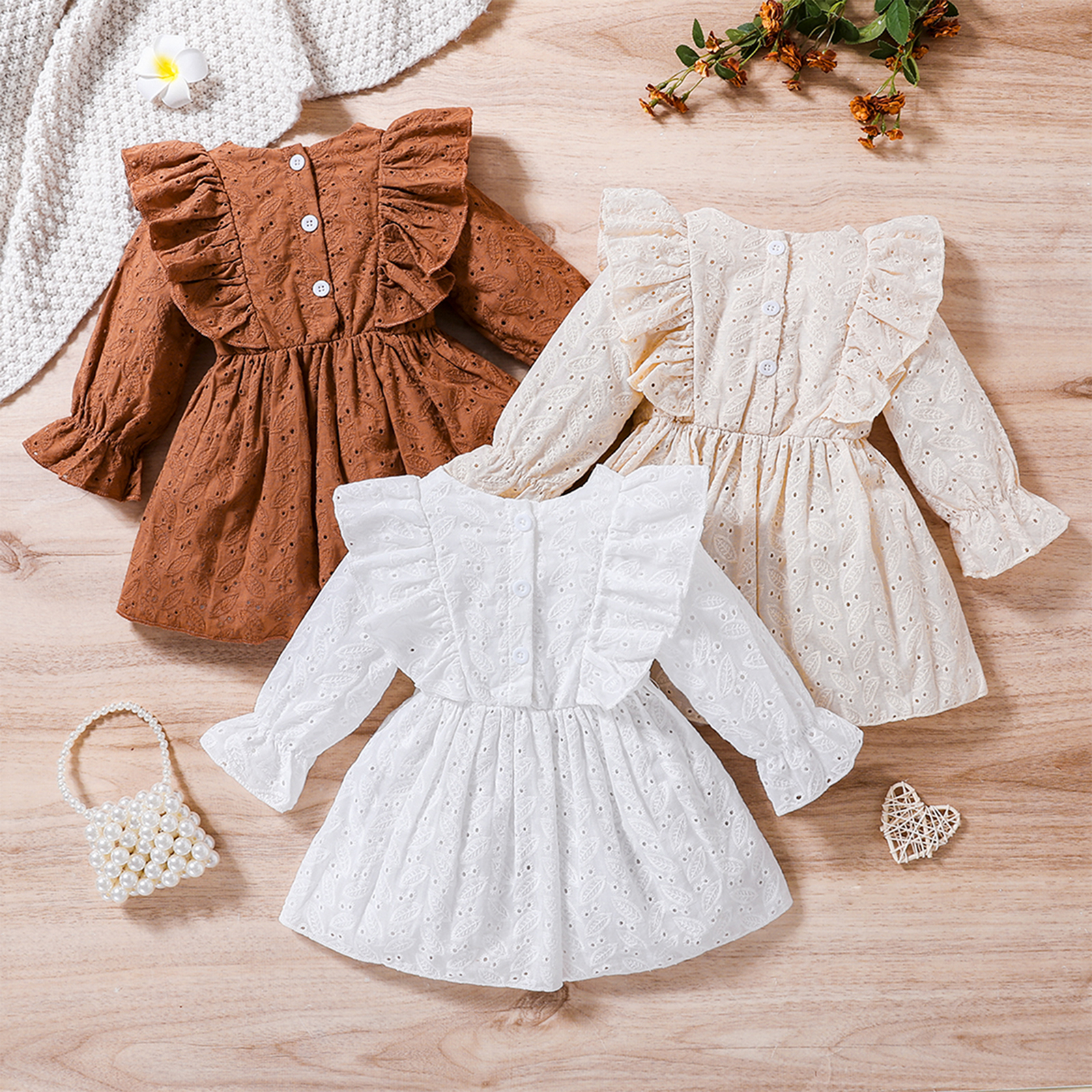 2022-09-01 Lioraitiin 0-18M Infant Baby Girls Dress Lace Cutout Round Neck Ruffles Long Sleeve Dress Princess A-line Dress