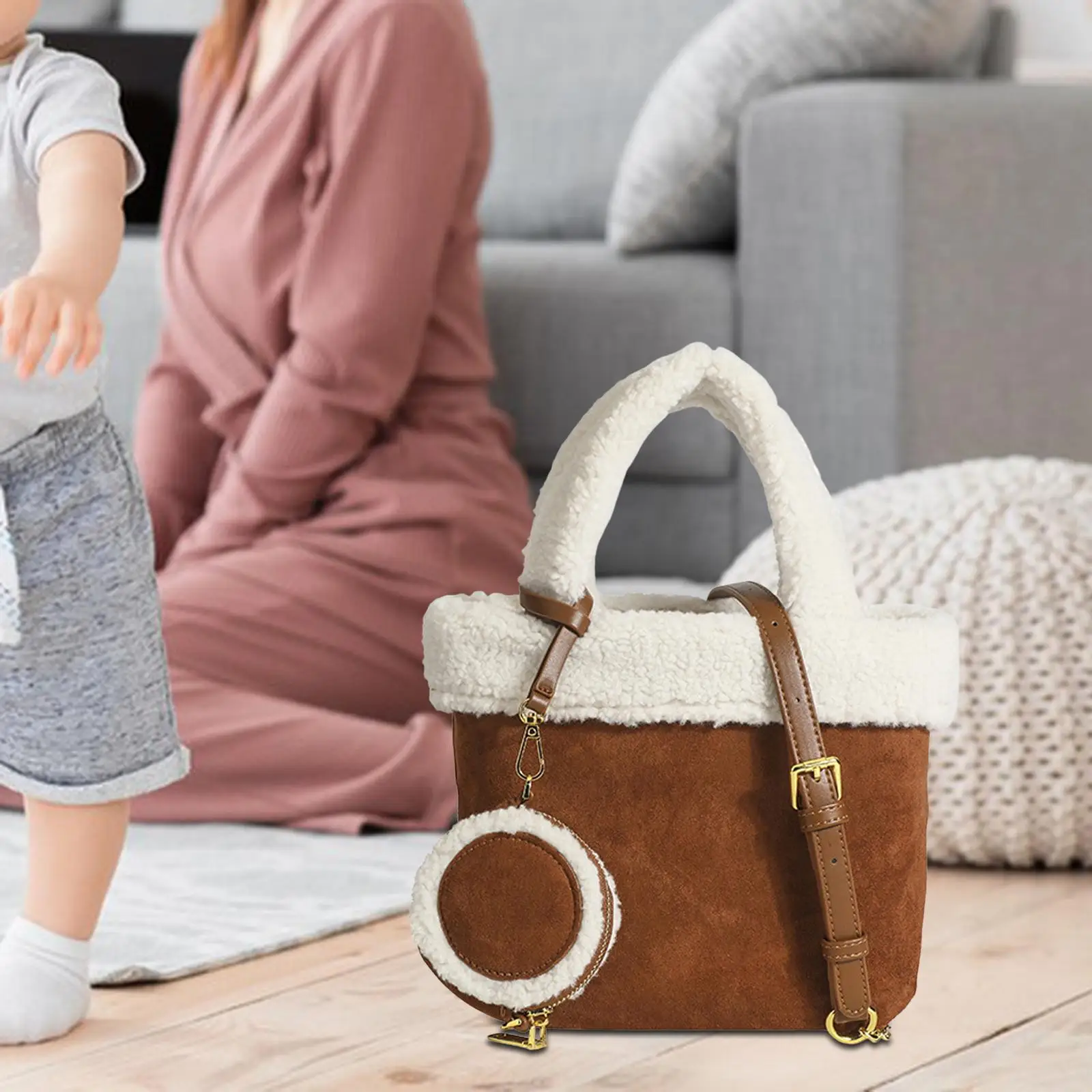 Casual Shoulder Bag Lamb Plush Handle Large Capacity Bucket Bag Shopping Totes Small Satchel Purse Backpack Soft for Women Girls