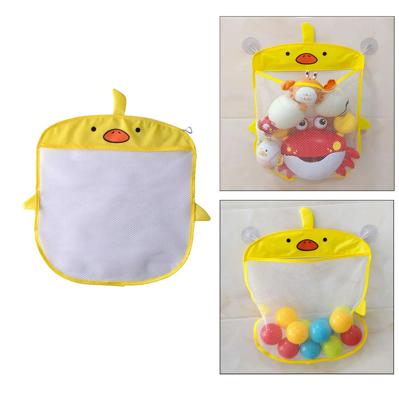 Hanging Toy Storage Mesh Bag Quick Drying Duck Shape Organizer with Suction Cups Holder Toy Organizer Mesh Bag for Baby Children