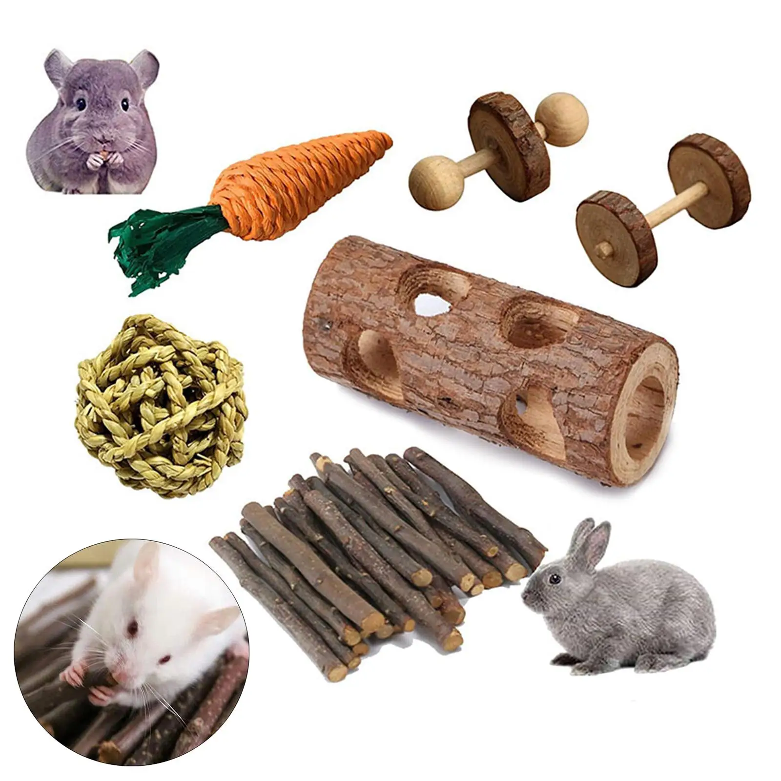 6Pcs Hamster Toy Sets Natural Wood Molar Pipe Small Animal Teeth Care Bird