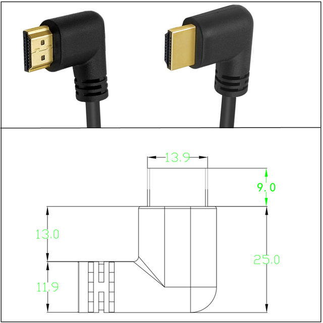 HDTV2.0 4K 3D デュアル HDMI 互換 90 度左アングル HDTV オス