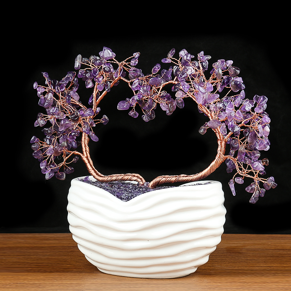 Natürlicher Amethyst-Stein, Kies, Aluminiumdraht, Wundschnur, herzförmiger Baum, Keramik, Liebesbasis, Ornament, Bürodekoration, Zubehör – Detail 3