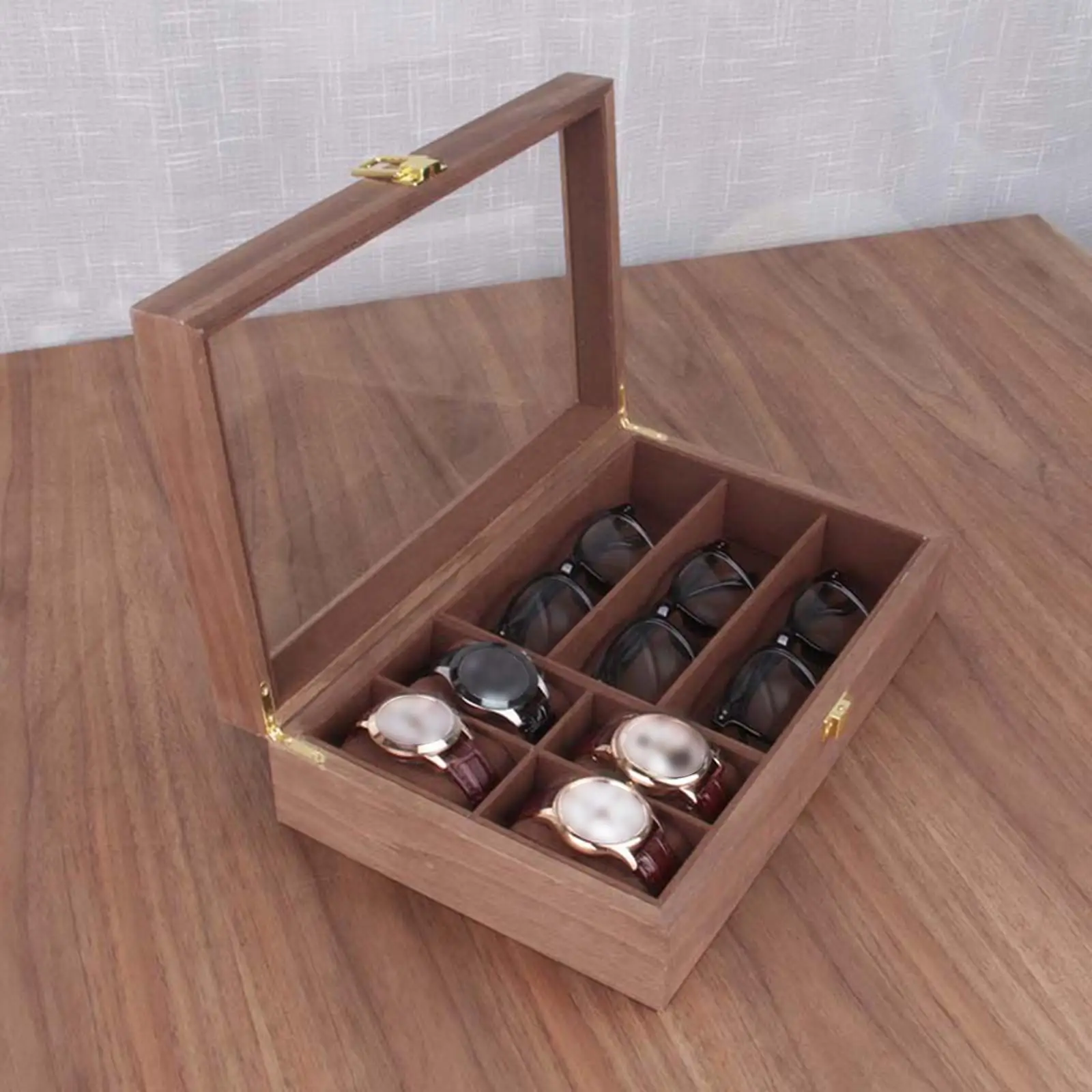 Wooden Watch Box Vintage 4 Watch Slots 3 Sunglasses Grids Lockable Portable Display Case Organizer Jewelry Storage Men Women