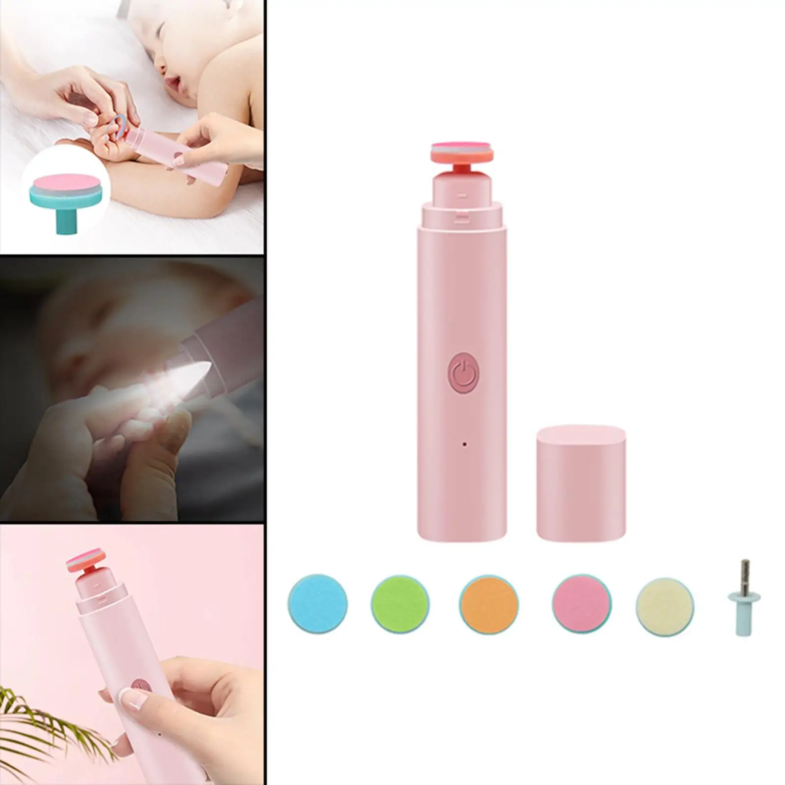 Electric Baby Nail File Drill Safety Polish LED Light 6 in 1 Manicure Care Cutter Clipper for Toes Fingernails Toddler Newborn