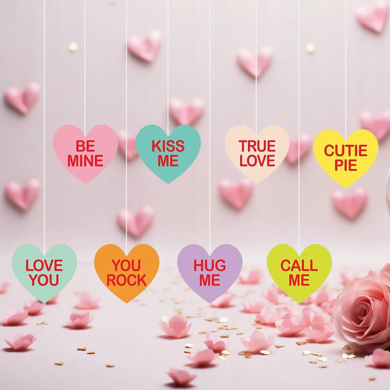 8x Valentines Day Hanging Hearts Sign Romantic Ornament Hanging Decorations for Indoor Outdoor Ceiling Home Window Engagement