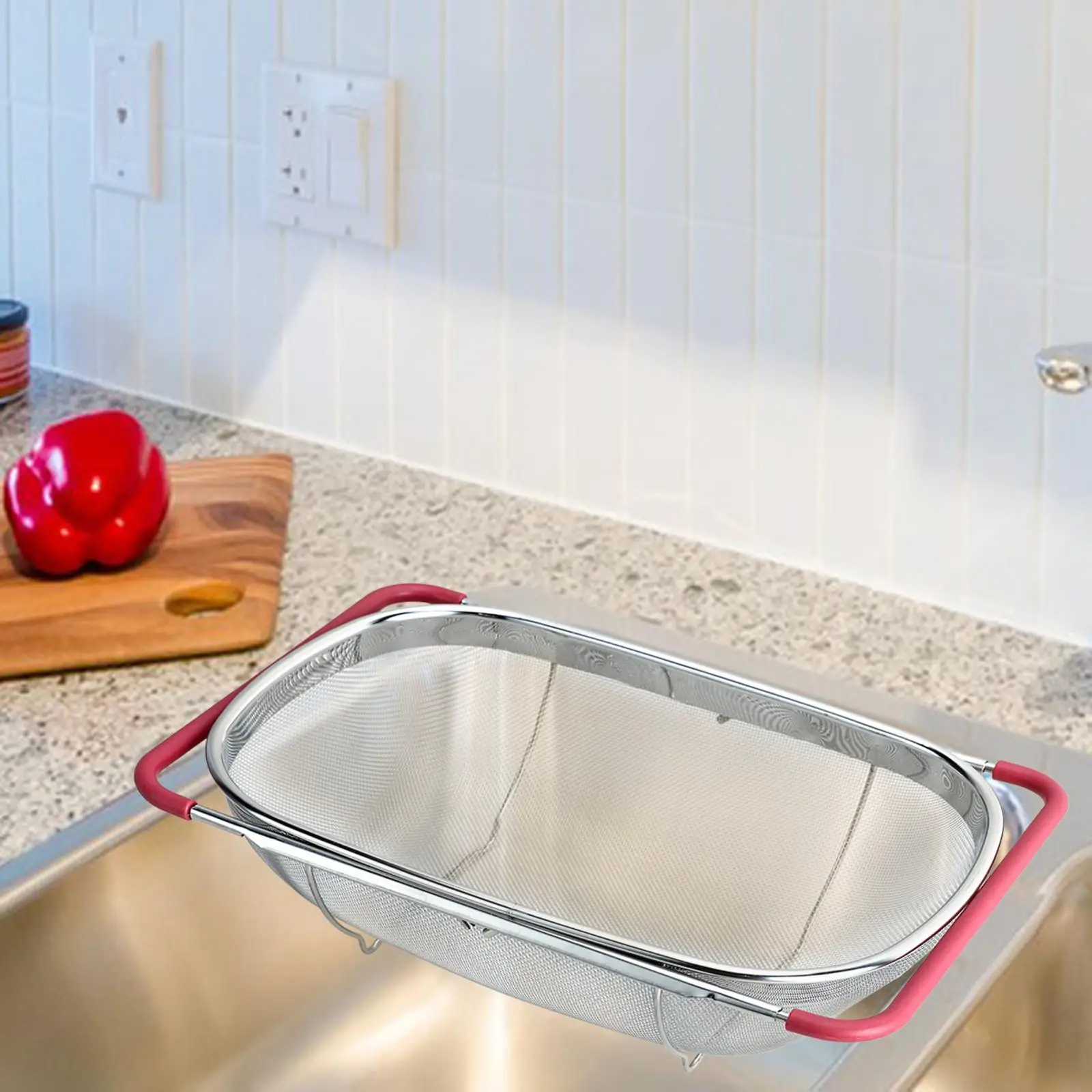 over Sink Colander Basket Expandable Kitchen Sink Rack with Steady Base Sink Washing Basket Adjustable Strainer Kitchen Supply