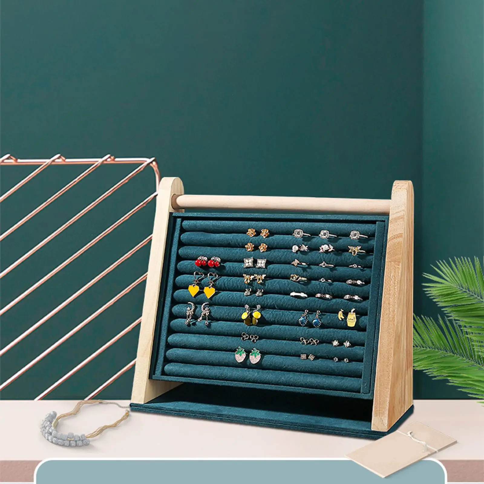 Wood Vertical Jewelry Display Holder Rings Earrings Organizer Fashion Store Display Rings Pad Studs Holder Home Decoration Green