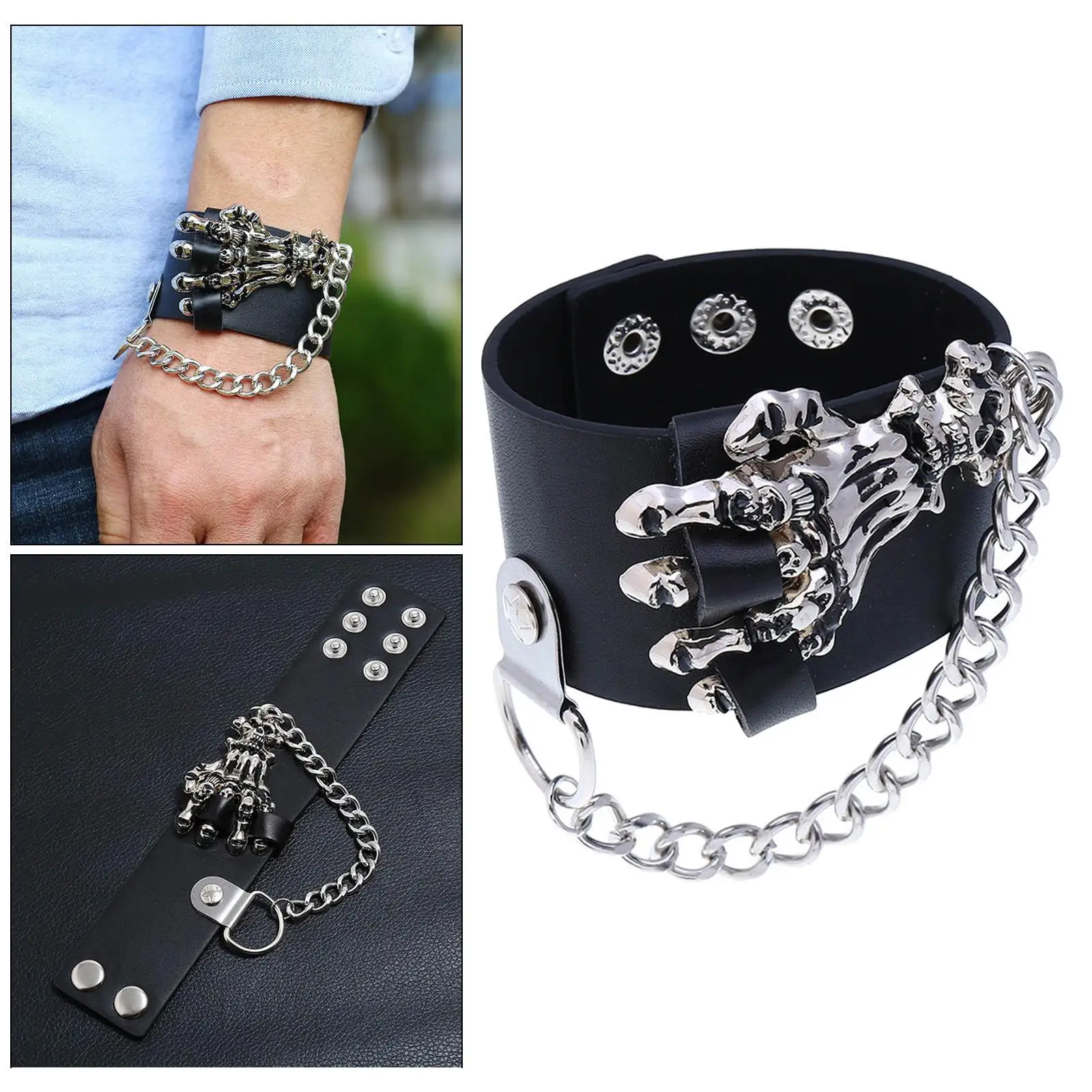 Punk PU Leather Bracelet with Chain Adjustable Gothic Rock Wristbands for Men Women Teen Girls Boys Daily wearing Holiday Prom