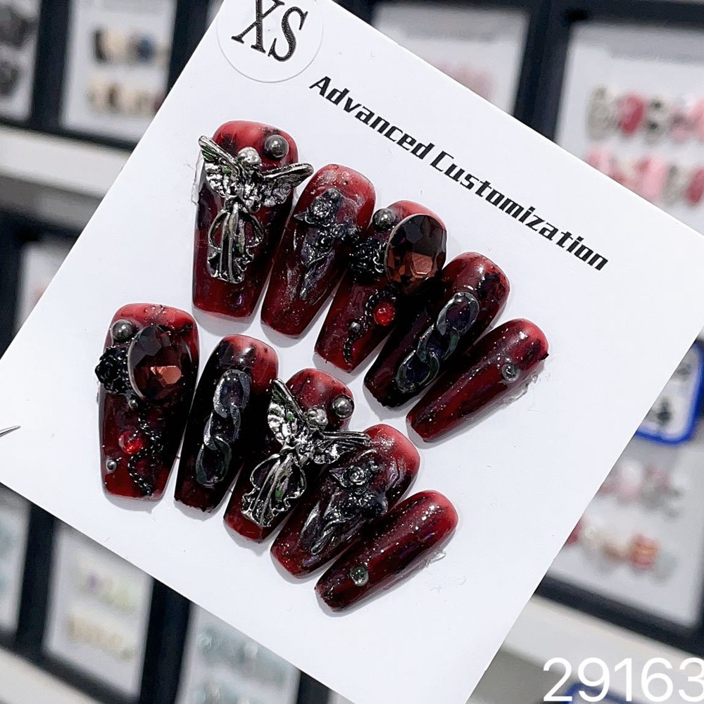 Best of Handmade Y2k Press On Nails Goth Style Black And Red Halloween Fake Nails With Design Full Cover Long Coffin Acrylic Nail Tips Reviews & Tips