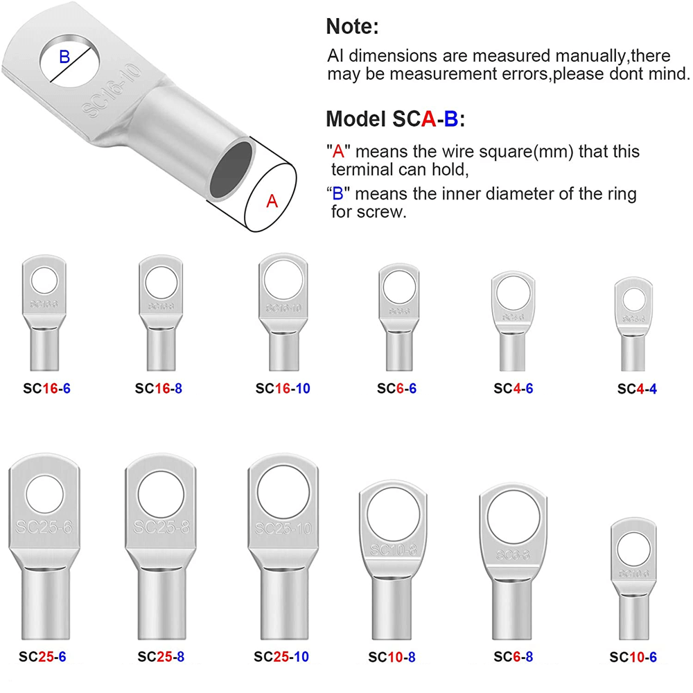 Estanhado Lug, Cabo SC Lugs, Kit De Terminais Nus, 170Pcs