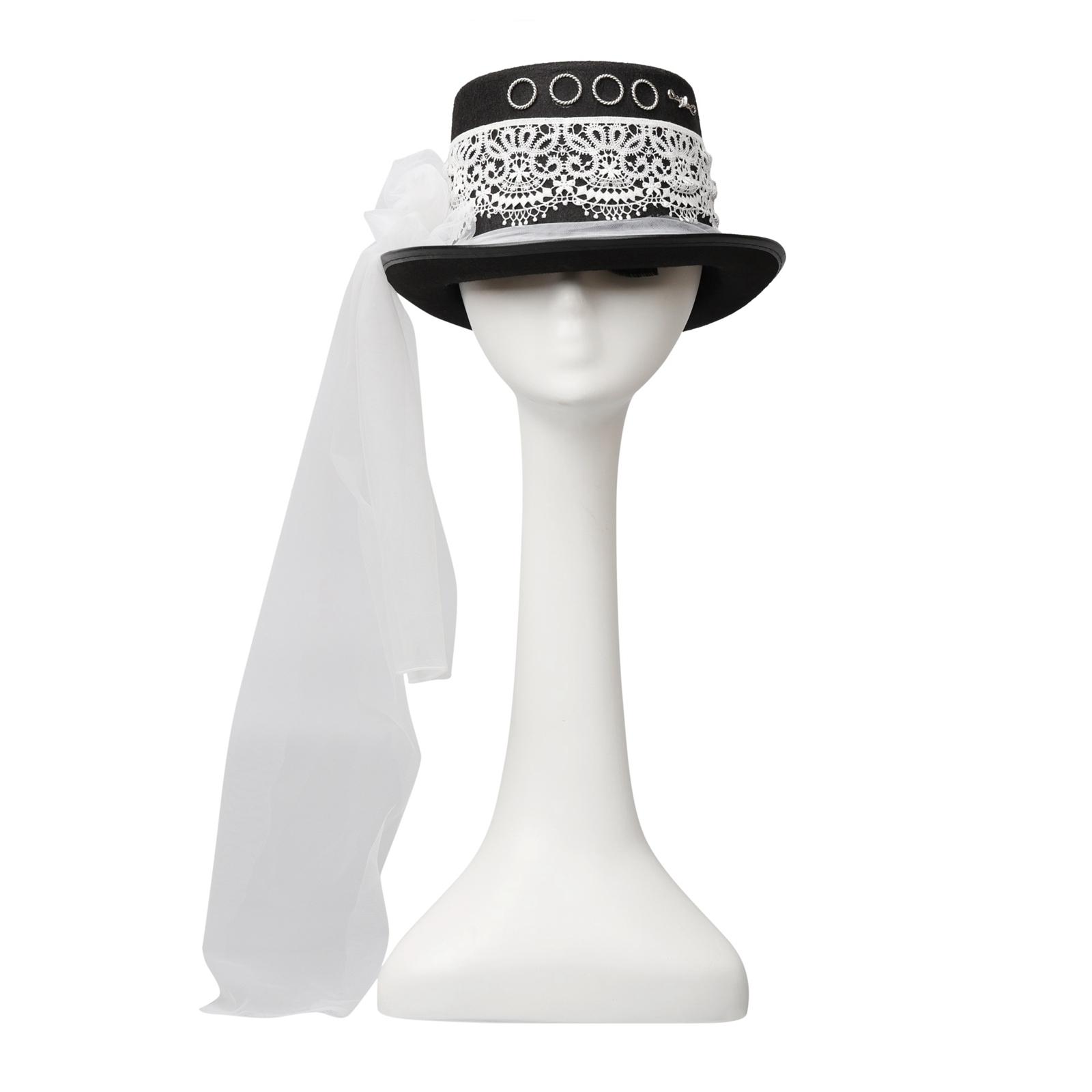 Vintage Women Steampunk Top Hat White Lace Decor Veil Costume Hat, Masquerade Costume Party Jazz Hat Made of Thick Felt Gift