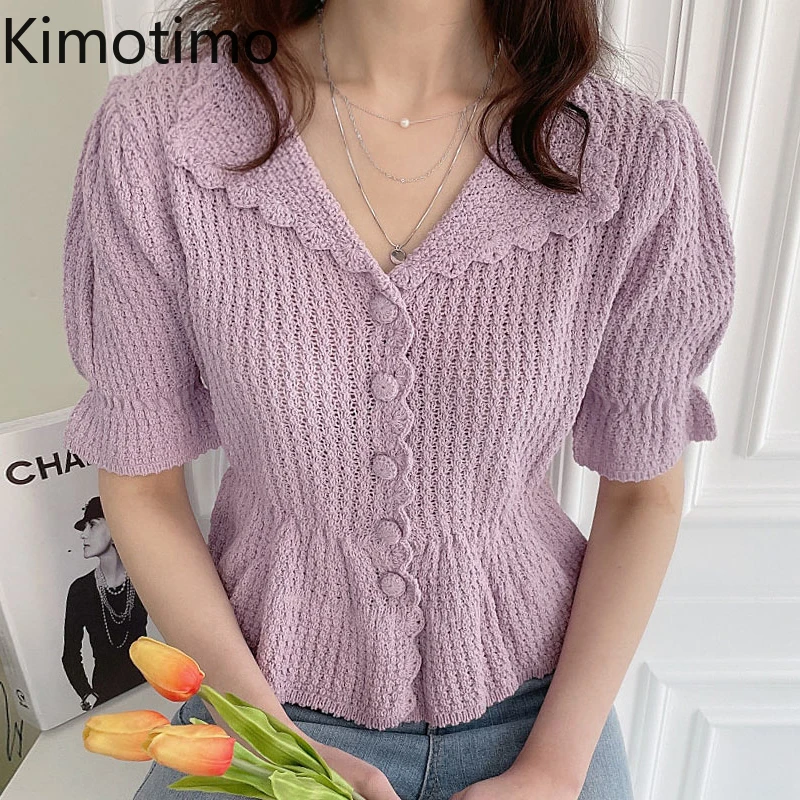 long cardigan Kimotimo Puff Sleeve Knitted Cardigan Women Retro Wave Edge Lapel Waist Tops Korean Chic Sweet Solid Hollow Out Short Sweater christmas sweaters