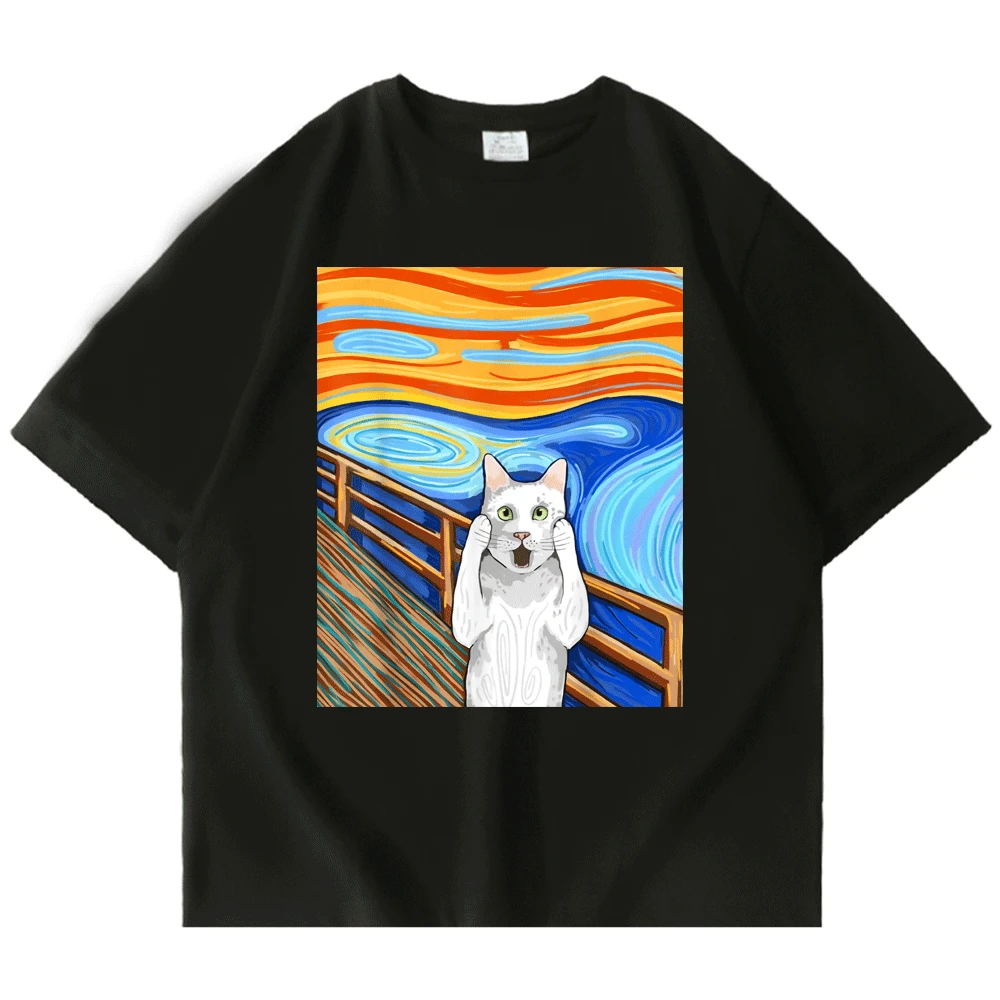 black cat tee shirt showing a cat screaming in oil painting style