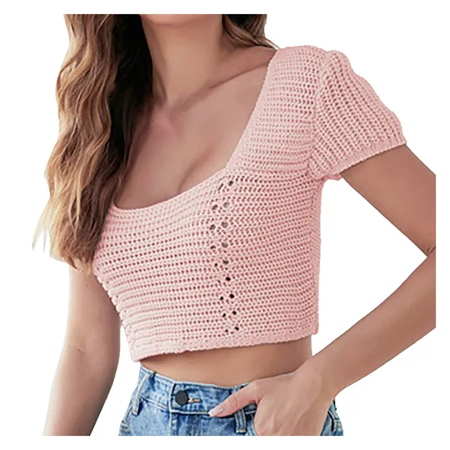 L V Women's Sexy Cropped Navel Knit Tops Shirt Hollow Outback