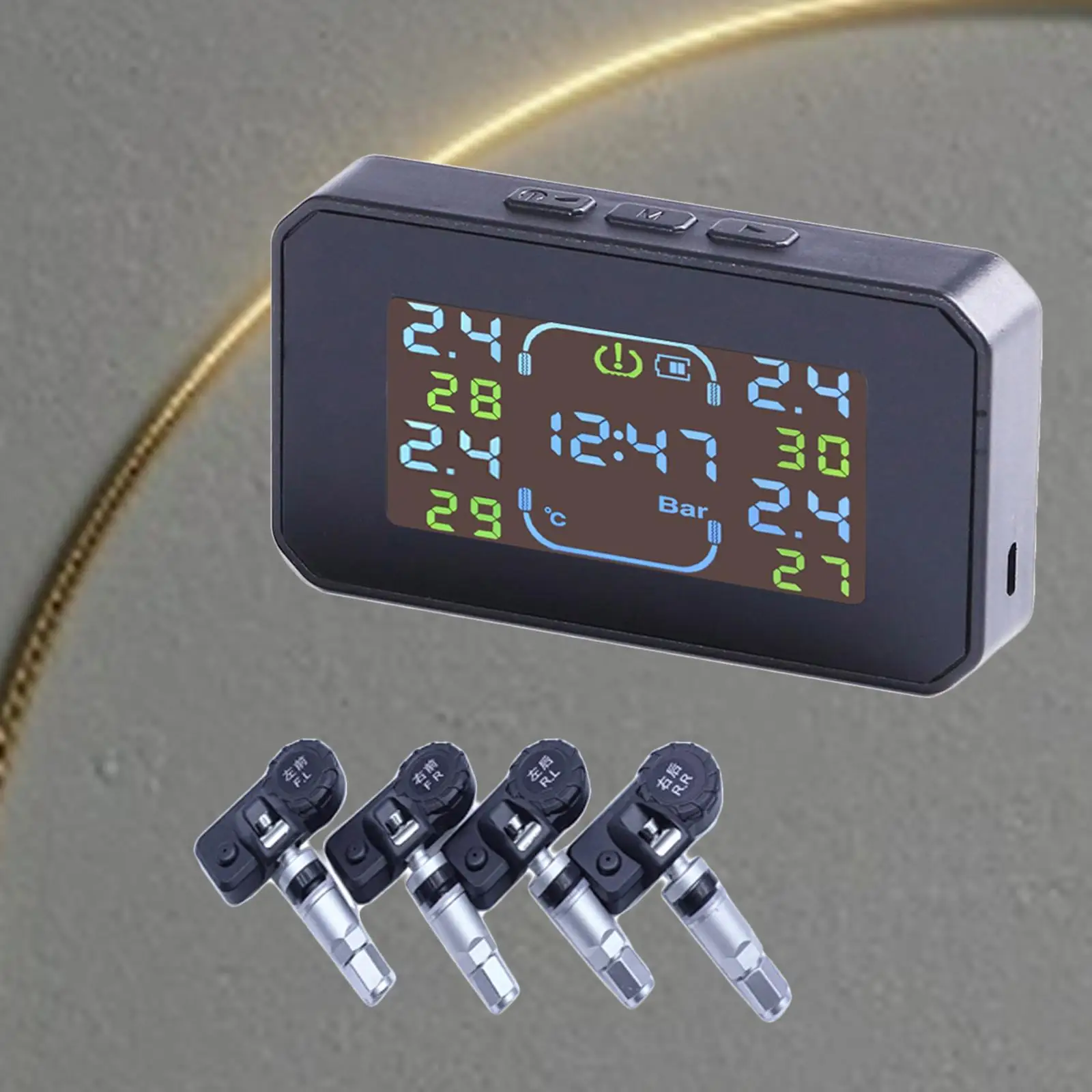 Solar and USB Charge Tire Pressure  System w/ 4 External Sensor Monitor Temperature Alerts Time  Alarm Modes