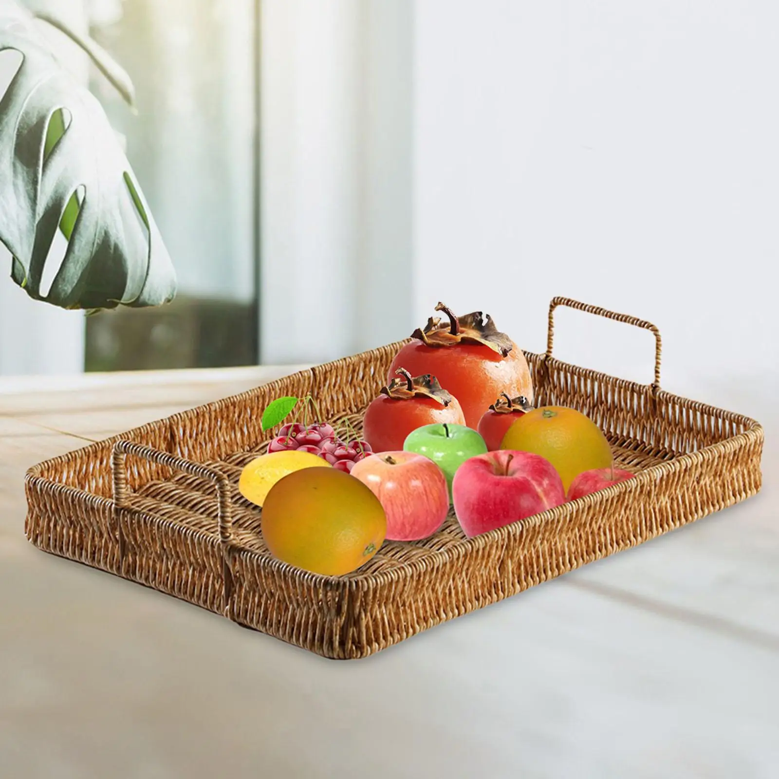 Rectangle Hand Woven Fruit Serving Tray Fruit Bowl Holder Decoration Multipurpose Rustic Organizer for Centerpiece Home