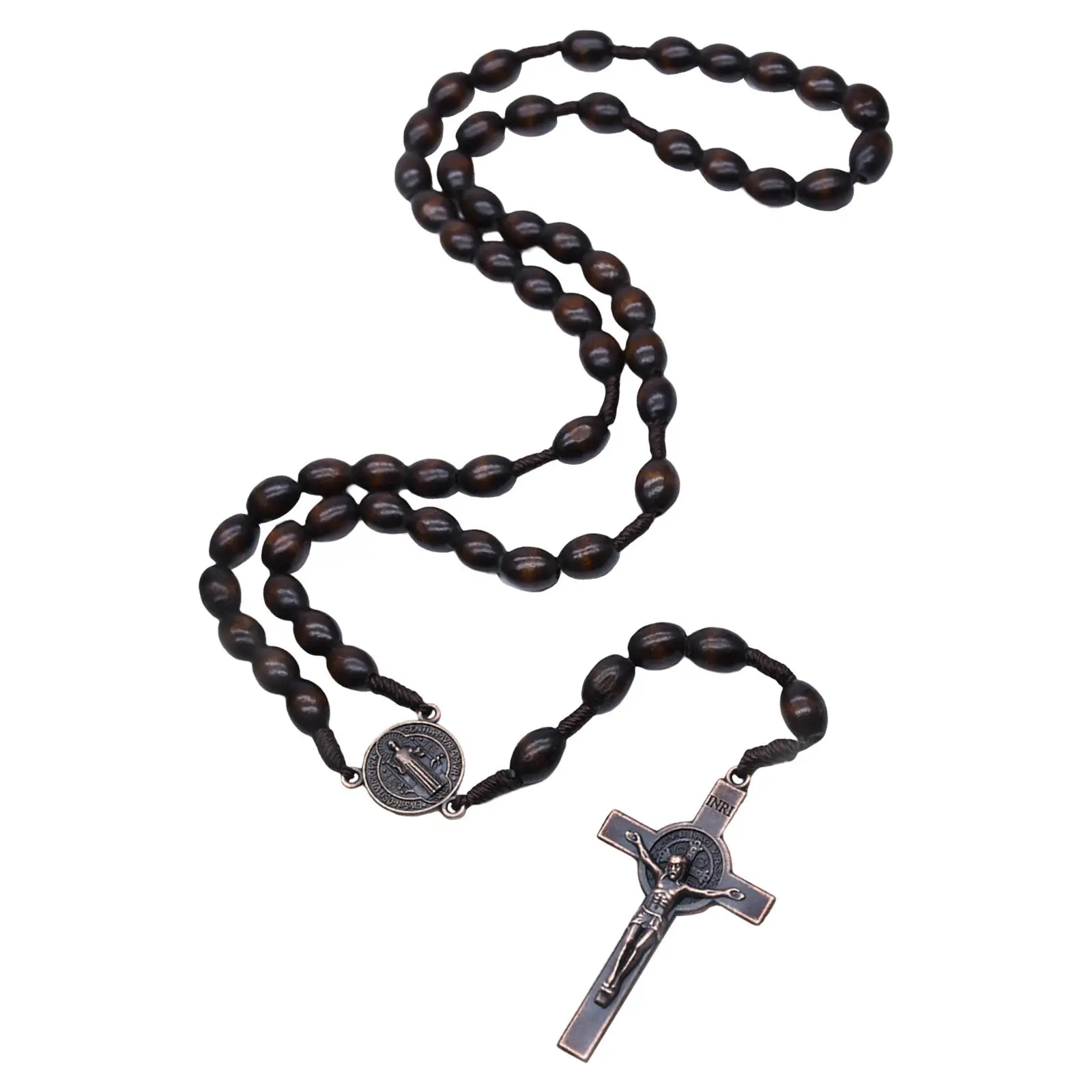 Rosary Cross Pendant Wooden Rosaries Religious Jewelry Rosary Gift Chains for Women Men Medal Cross Pendant