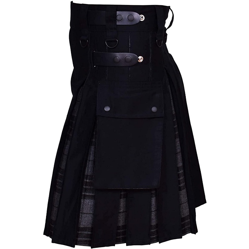 Kilts-Männer Plus Size Scottish Hybrid Black Cotton & Tartan Utility Kilts mit Lederriemen Kilts für Männer – Detail 6