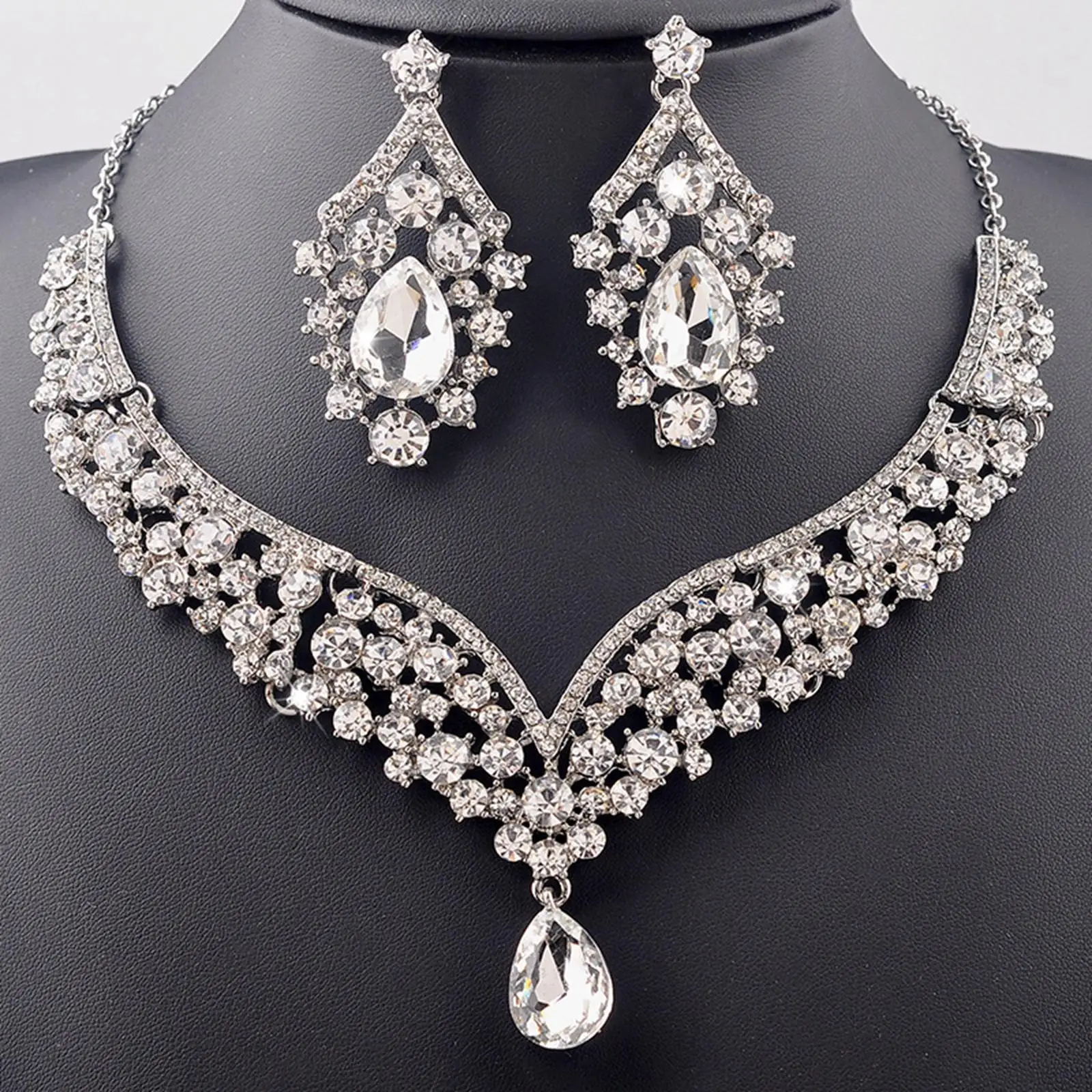 Fashion Bridal Jewelry Set Rhinestone Necklace Earrings for Wedding Girls