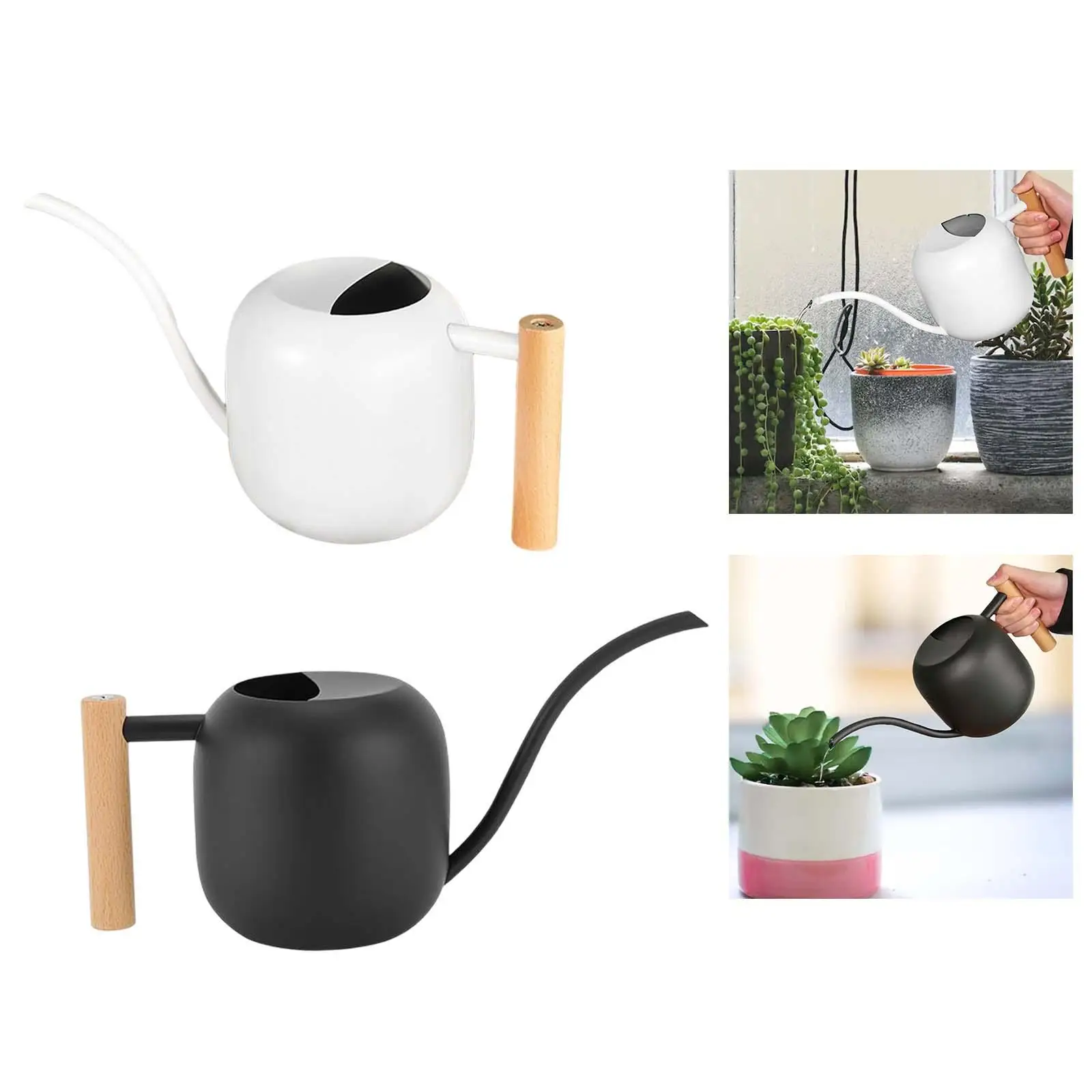 Stainless Steel Mini Watering Can Long Mouth Wooden Handle Watering Flower Kettle for Patio Shower Indoor Yard Decor