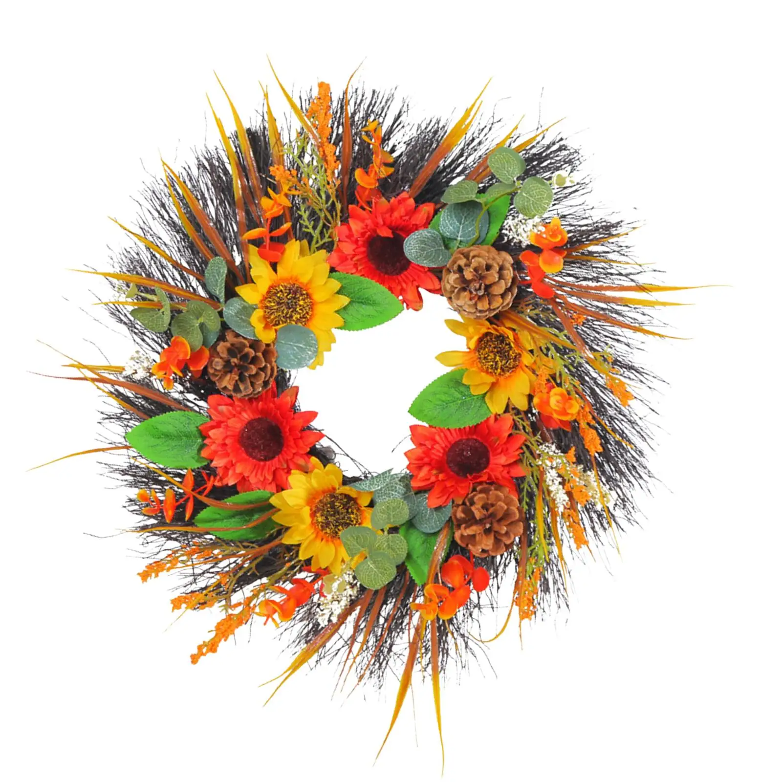 Artificial Flower Wreath Hanging Ornament 40cm Greenery Leaves Sunflower Wreath for Fireplace Backdrop Porch Holiday Home